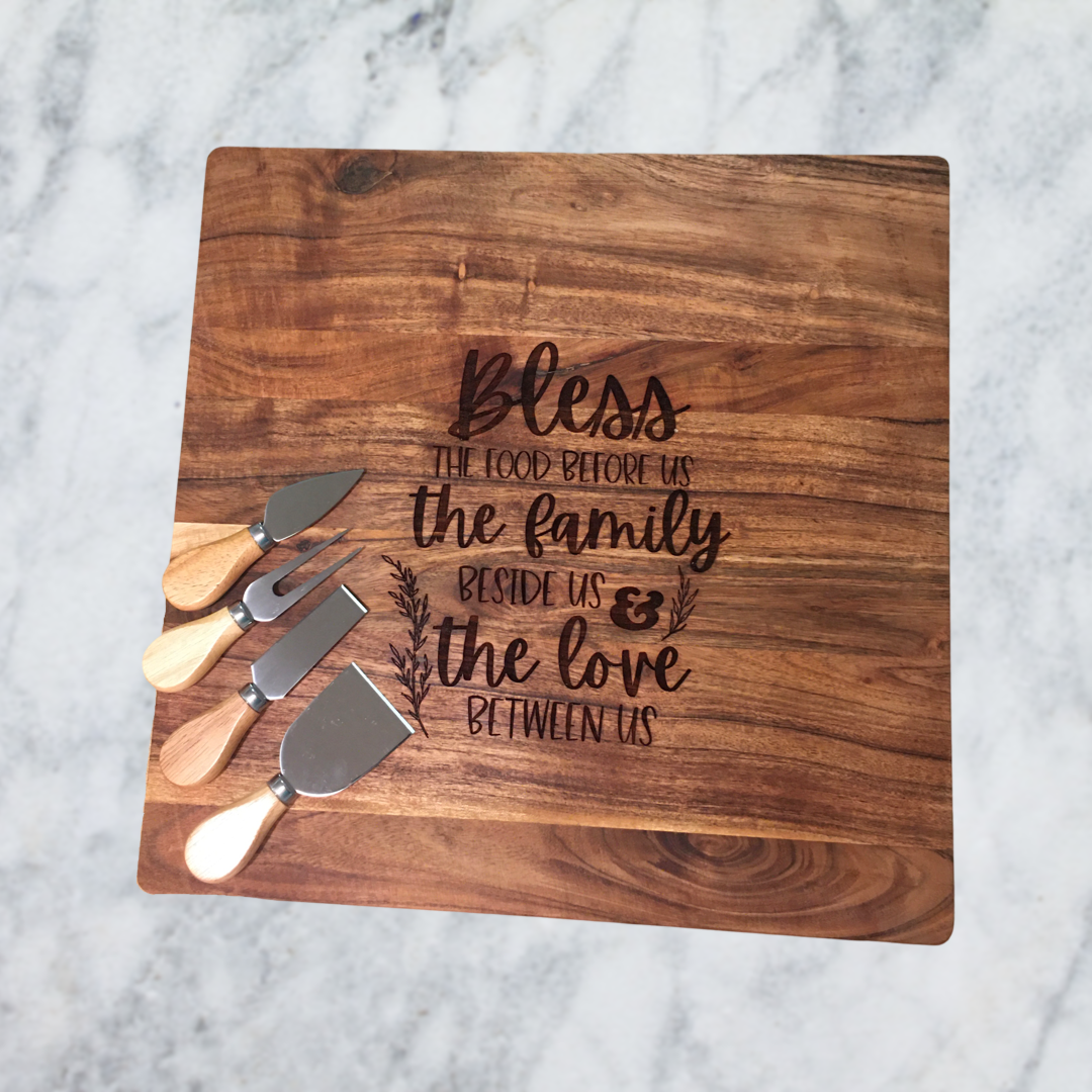 Cutting board, coaster, cheese knives set.